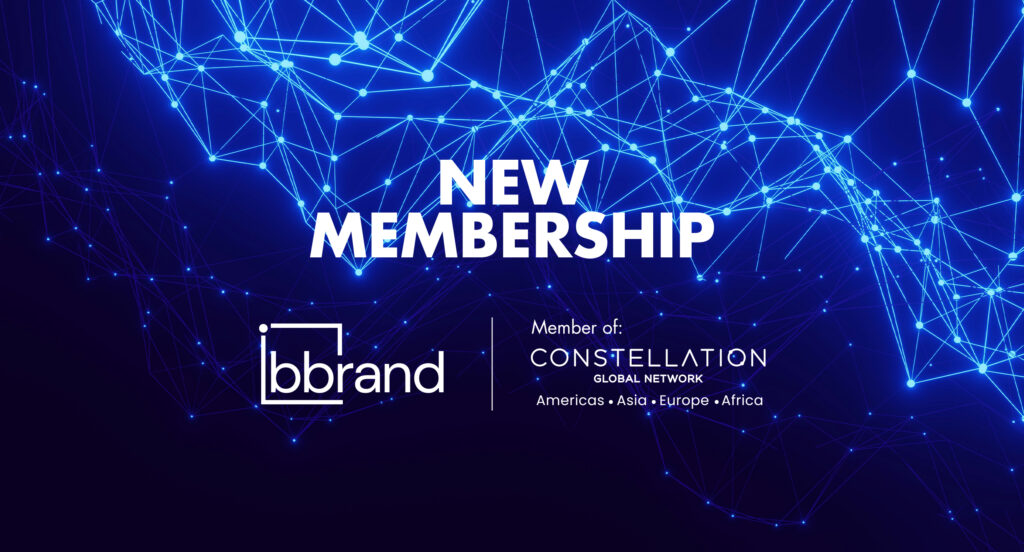 Grafica digitale blu con scritta “New Membership” che annuncia l’ingresso di bbrand nel network internazionale Constellation Global Network.