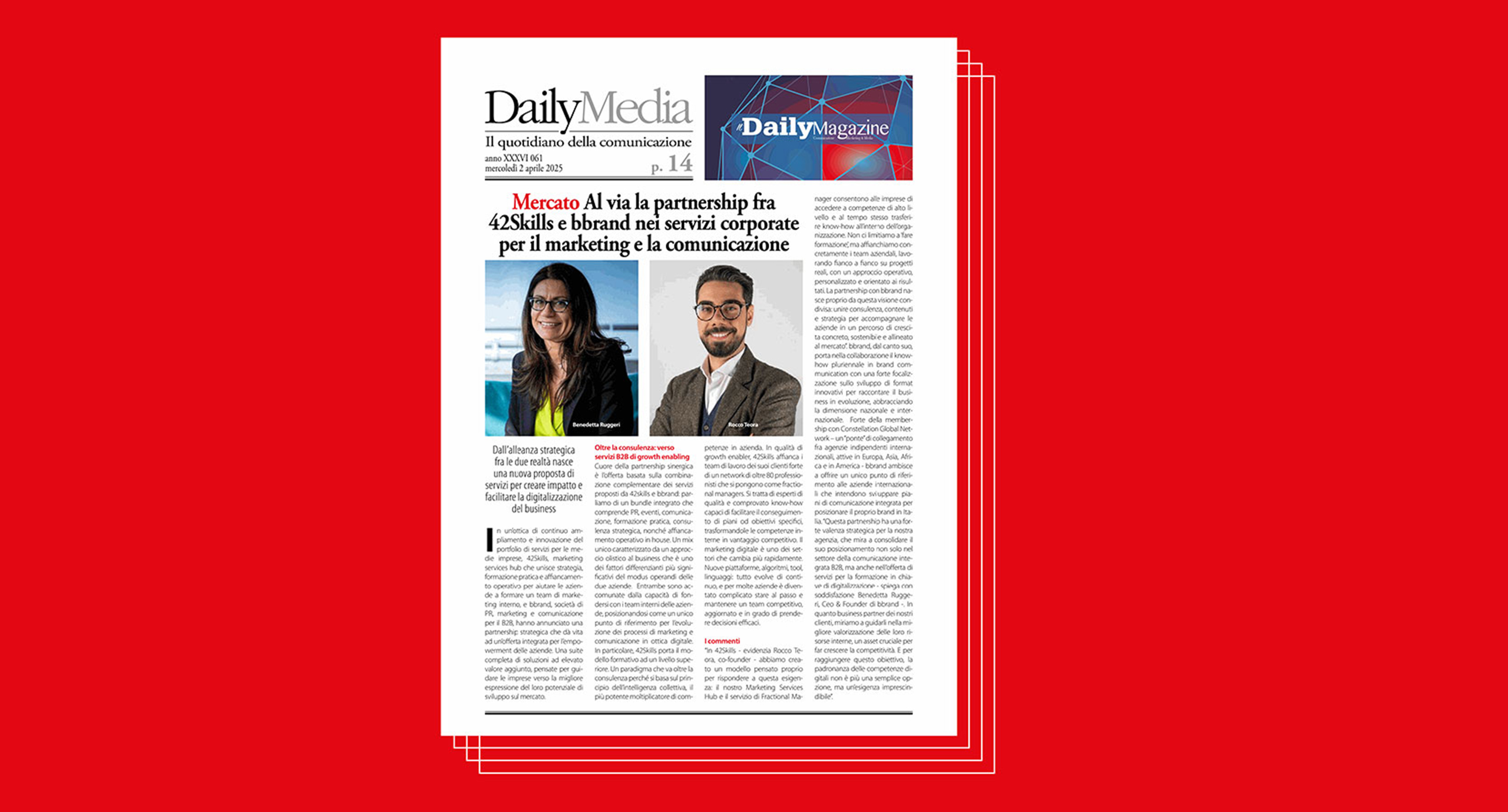 Copertina di DailyMedia con articolo dedicato alla partnership tra 42Skills e bbrand nel settore marketing e comunicazione.