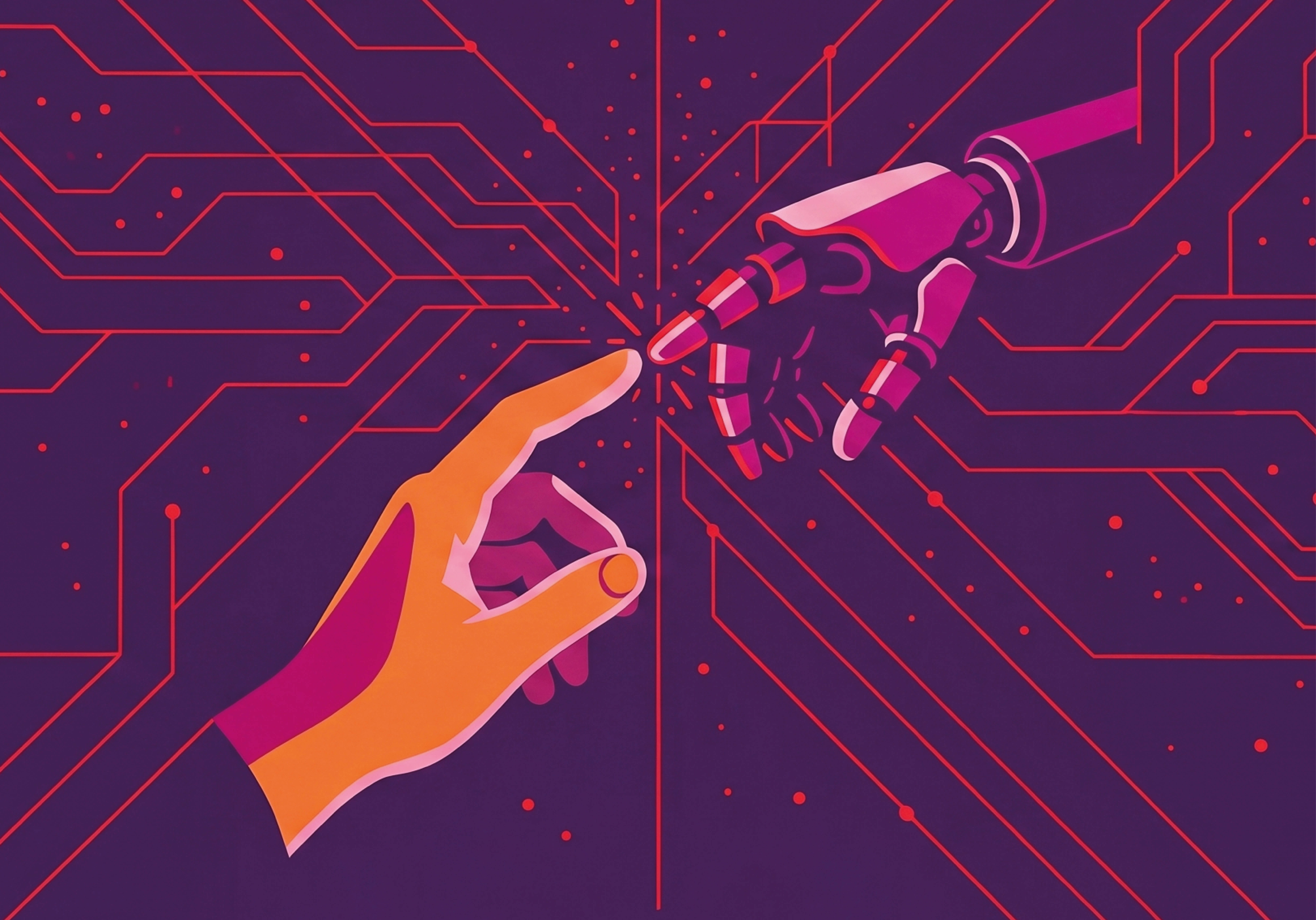 Illustrazione stilizzata di una mano umana e una mano robotica che si toccano con gli indici su sfondo viola con circuiti elettronici rossi, logo bbrand in basso a destra.