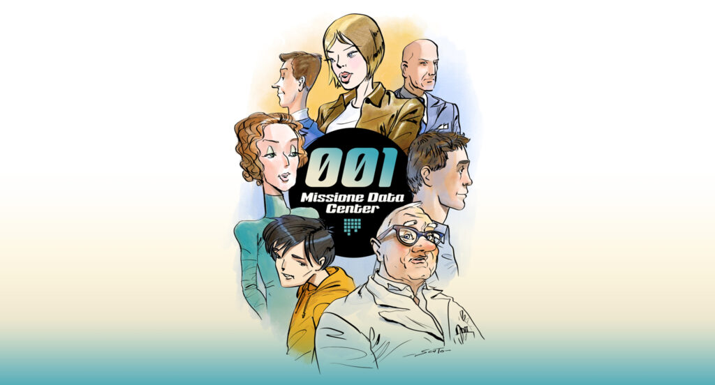 Illustrazione con diversi personaggi attorno al logo “001 Missione Data Center”, dedicata al mondo dei data center e dell’innovazione tecnologica.