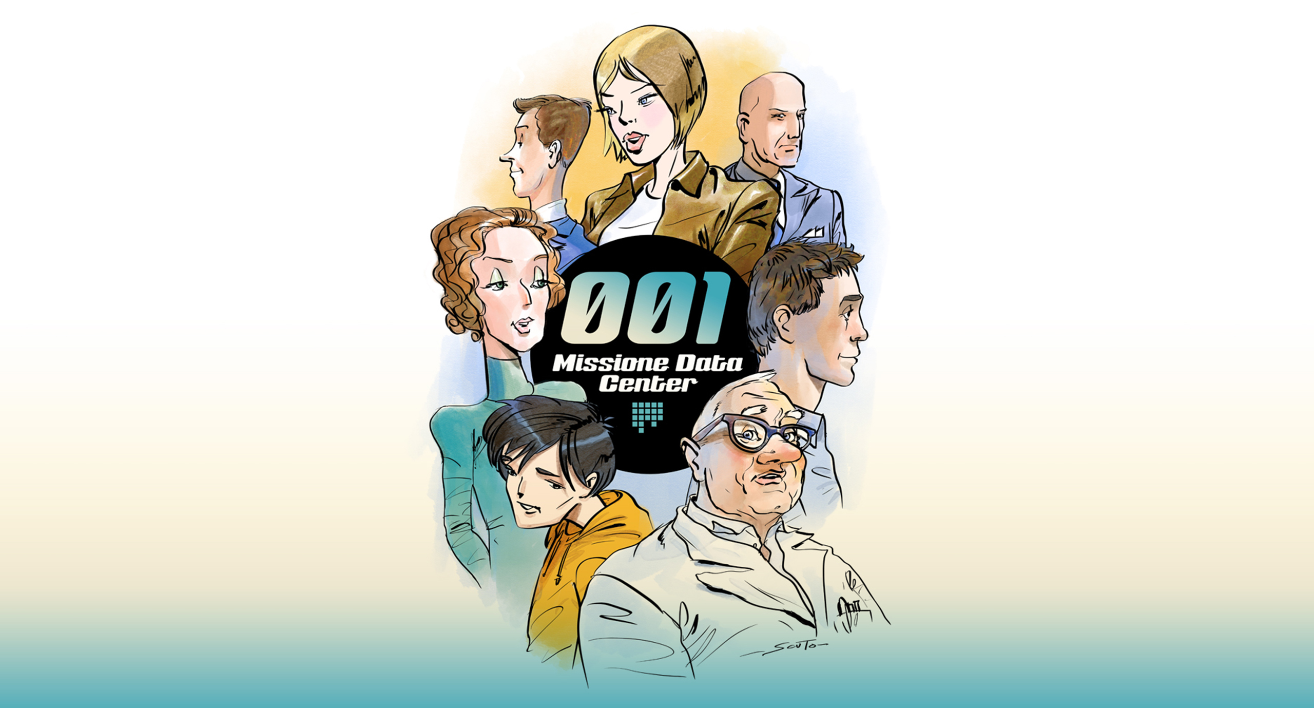 Illustrazione con diversi personaggi attorno al logo “001 Missione Data Center”, dedicata al mondo dei data center e dell’innovazione tecnologica.