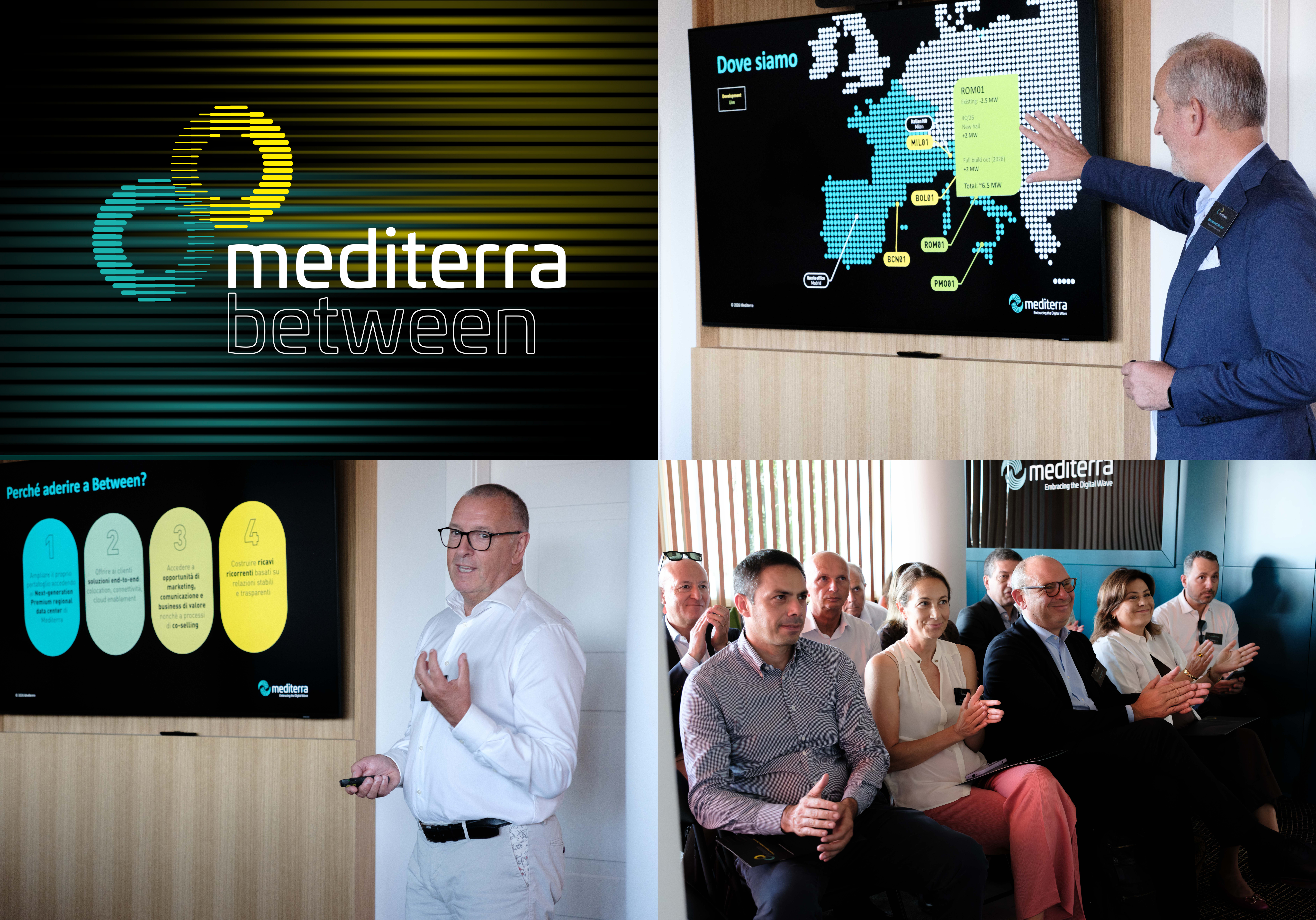Evento di presentazione Mediterra Between: logo dell'iniziativa, slide con la mappa delle sedi dei data center in Italia e Spagna, relatore che illustra i punti di forza del progetto e pubblico che applaude durante la presentazione.